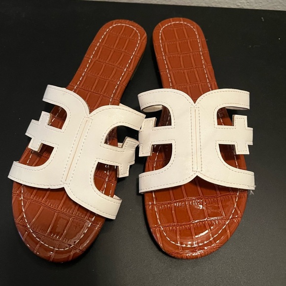 Amazon White and Brown Sandals with H-Shaped Design - Picture 1 of 4